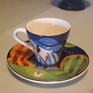 Teacup saucer set: CAFE PARIS by Sango 4914 vtg 90s Vivid Colors Ladies Hats